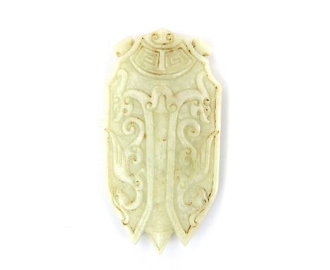 A Chinese Han style white carved jade cicada pendant  carved in relief with phoenix birds on its wing cases, 7.5cm.