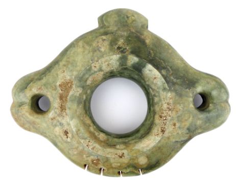 A large green jade pi style ''sounding stone'', the central dished hole is flanked by pierced ''ears'' with drilled top for l