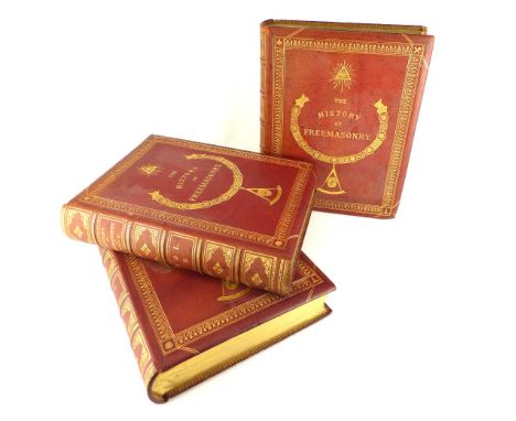 Robert Freke Gould, The History of Freemasonry, three deluxe volumes, full red Morocco leather bound hard cover books with gi