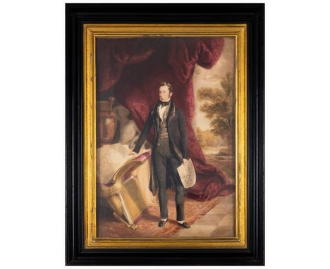 Heaphy (Thomas, 1775-1835) Portrait of an art collector or dealer, full-length, as yet unidentified, standing beside a portfo