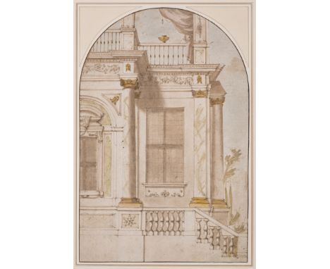 Italian School (18th century) View of a palazzo fa&ccedil;ade with doorway and balustrade, pen&nbsp; and brown ink, yellow, g