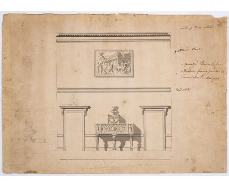 Chambers (Sir William, 1723-1796) Design for decoration and furniture of the hall at The Hyde, Ingatestone, Essex,&nbsp;pen a