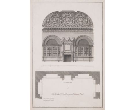 Kent (William), After. Her Majestys Library in St James's Park, by Paul Fourdrinier, an elevation of an interior wall of the 