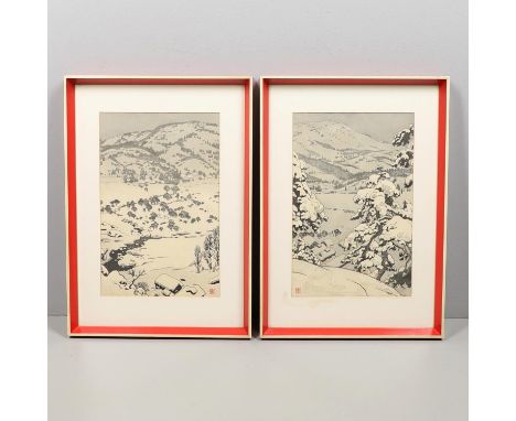 Two framed woodblock prints of 'Snow Country at Yukiguni', each with a seal mark to one corner and mounted and framed. 35.5cm