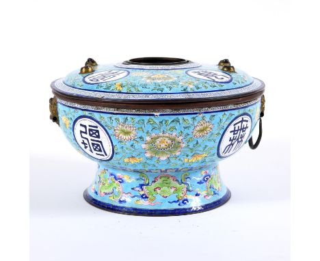 An unusual 19thc Chinese Canton enamel incense burner or possibly a spittoon (zhadou), of circular shape with various flowers