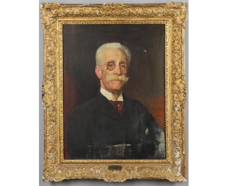 Quarter length, wearing a dark coat, red cravat and a monocle, signed and dated 1908, initialled R and numbered 2981 on stret