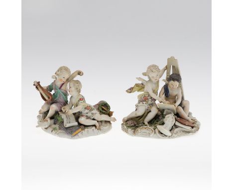 A Meissen porcelain group of two cherubs, one holding a harp and the other writing on a scroll, the base with a bird, a wreat