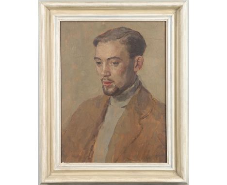 Bust length, wearing a brown jacket and grey rollneck, signed, oil on thin panel 44 x 33cm. with a pencil sketch of the same 