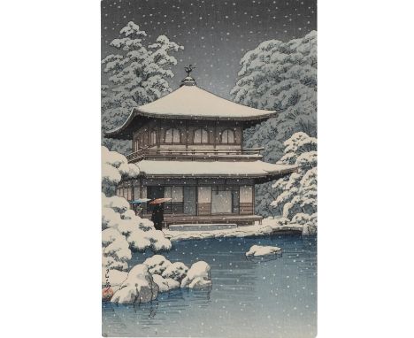 A coloured woodblock print of 'Evening Snowfall at the Temple', with a signature in the bottom left corner and seal mark. Mou