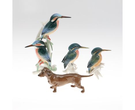 Including a large model of a pair of Kingfishers on a branch, Model No 7658, 24cms high, also with two smaller single Kingfis