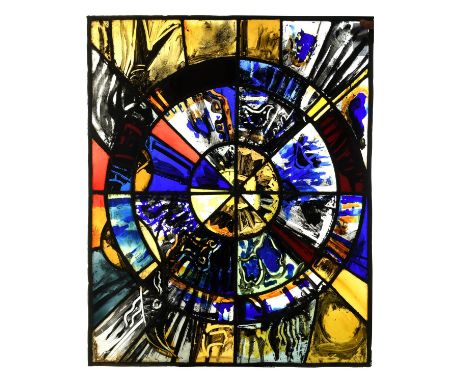 Two large stained glass panels, one with a circular design (95cms by 79cms, and 74cms by 69cms), and a narrow rectangular sha