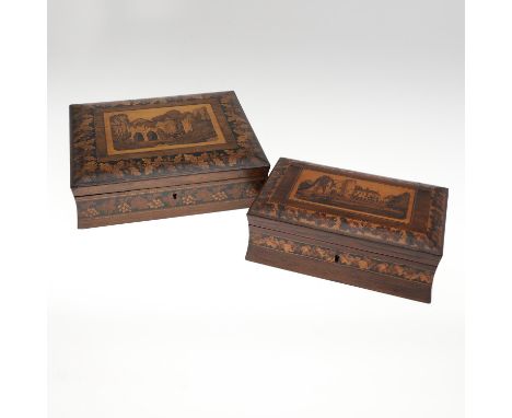 A Victorian rosewood and inlaid games box, with a  Church ruin in a central panel and borders of leaves and berries, with a c