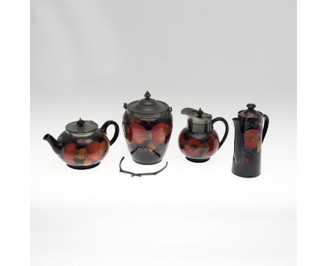 Including a globular teapot with a hinged pewter lid (13cms high, damages), a slender coffee pot (18.5cms high), a globular s