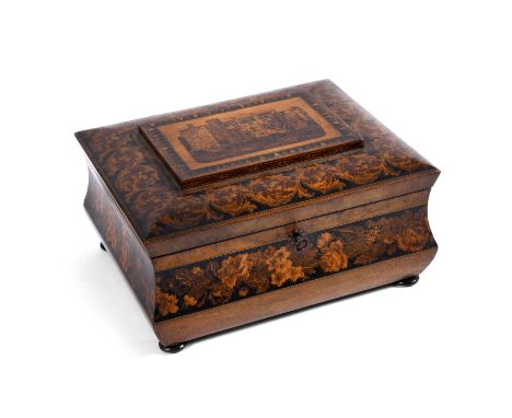 A large Tunbridge Ware work box, the top with a rectangular panel inlaid with a picture of a Country House. Inlaid with borde