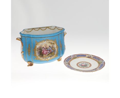Possibly late 18thc, the centre painted with a spray of flowers within a gilded border, with further panels of flowers around