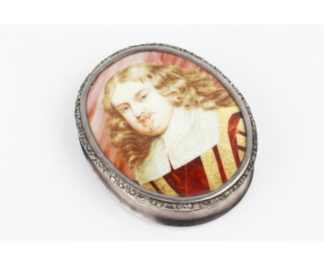 A GEORGE IV SILVER OVAL SNUFF BOX, the hinged cover with a later oval enamel plaque, painted with a portrait of a gentleman, 
