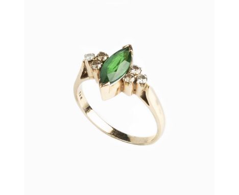 A TSAVORITE GARNET AND DIAMOND DRESS RING, the marquise-shaped mixed-cut Tsavorite garnet in claw setting, between trios of r