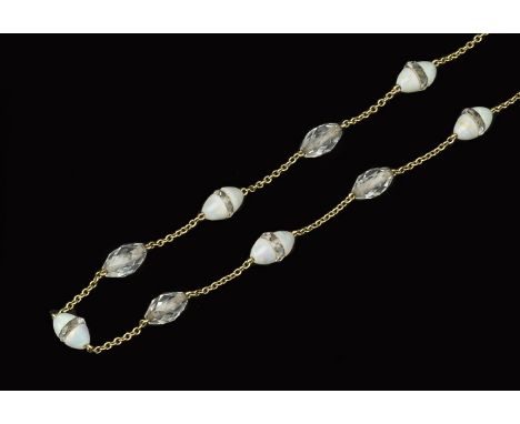 AN OPAL AND ROCK CRYSTAL BEAD NECKLACE, the trace-link chain alternately spaced with conical opal beads and faceted rock crys