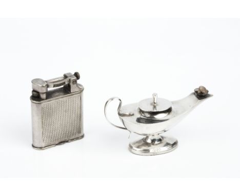 AN EDWARDIAN SILVER MINIATURE OIL LAMP, on oval pedestal foot, by Cornelius Desormeaux Saunders & James F.H. Shepherd, Cheste
