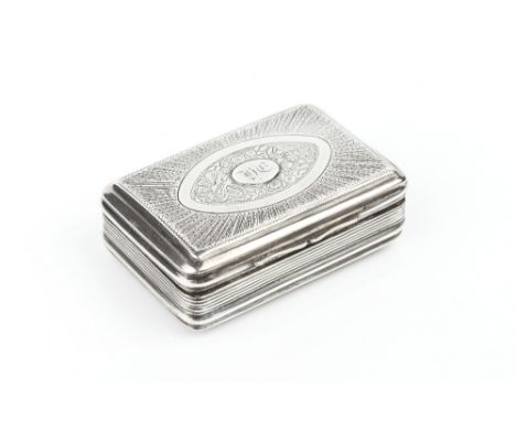 A GEORGE III SILVER RECTANGULAR SNUFF BOX, the cover engraved with an oval panel of flowers and musical trophies on a sunburs