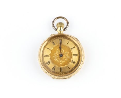 AN OPEN FACE FOB WATCH, the circular gilt dial with Roman numerals, to a keyless wind movement and profusely engraved case wi