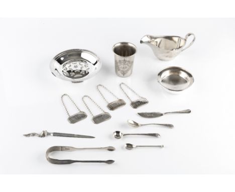 A COLLECTION OF SILVER, comprising a sauceboat by Barker Bros Ltd, Birmingham 1937, a Continental beaker, stamped 800, a set 