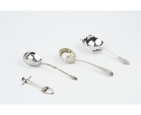 A GEORGE III SILVER SIFTER SPOON, with bright cut handle and scalloped bowl, by Eley & Fearn, London 1806, a late Victorian s