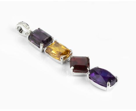 A DIAMOND AND VARI GEM-SET PENDANT, designed as a line of vari-cut gemstones, to include garnet and amethyst, below a hinged 