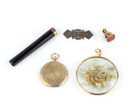 A 9CT GOLD CIRCULAR LOCKET PENDANT, with engine-turned decoration, together with a circular glazed pendant, stamped '15ct' an