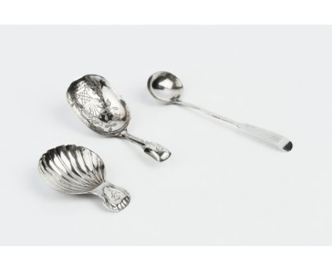 A GEORGE III SILVER CADDY SPOON, of scalloped form, maker B.Co, Birmingham 1801, 5.2cm; another, engraved to the bowl with a 
