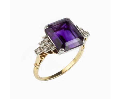 AN AMETHYST AND DIAMOND DRESS RING, the rectangular step-cut amethyst claw set between stepped shoulders of single-cut diamon