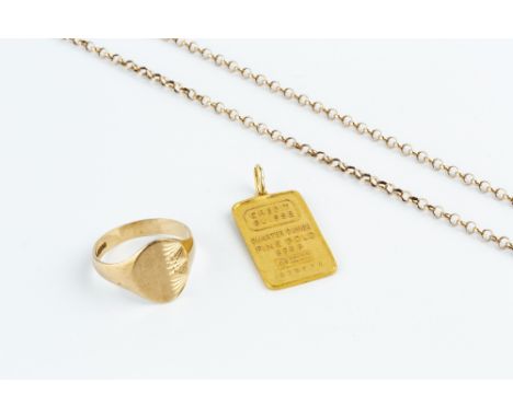 A FINE GOLD 1/4 OZ. INGOT PENDANT, issued by Credit Suisse, numbered 039884, a 9ct gold signet ring, and a 9ct gold fine belc