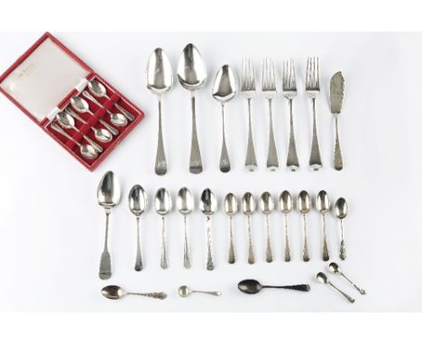 A COLLECTION OF SILVER FLATWARE, to include an early Georgian Old English pattern dessert spoon, maker's mark only for George