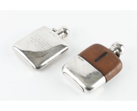 A SILVER HIP FLASK, of slightly curved form, by Robert Pringle & Sons, Birmingham 1919, inscribed, 12.5cm, 3.5oz; and another