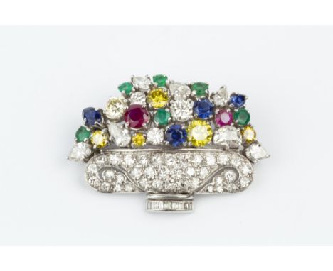 A DIAMOND AND GEM SET GIARDINETTO BROOCH, designed as a pierced and millegrained vase, pavé set with graduated Swiss, single 