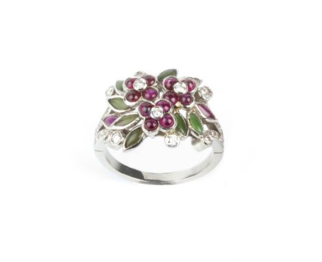 A DIAMOND AND GEM SET PANEL RING, modelled as a spray of cabochon ruby and green stone flowerheads and foliage in closed-back