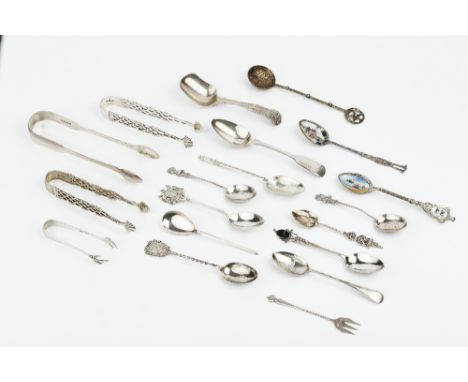 AN EARLY VICTORIAN SILVER KING'S PATTERN CADDY SPOON, by Chawner & Co, London 1849, two pairs of silver sugar tongs with trel