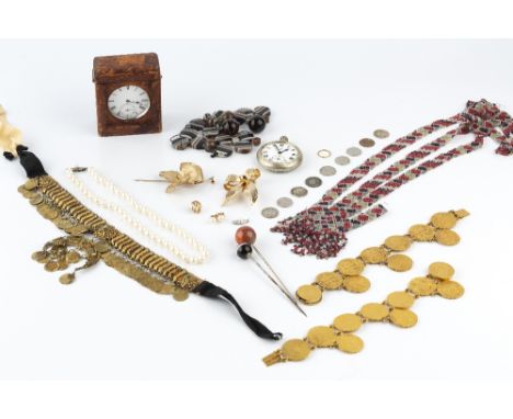 A COLLECTION OF JEWELLERY AND WATCHES, to include an Edwardian silver open face pocket watch, with presentation inscription d