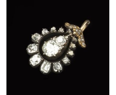 A 19TH CENTURY DIAMOND CLUSTER PENDANT, centred with a pear-shaped drop of cushion-shaped old-cut diamonds in pinched collet 