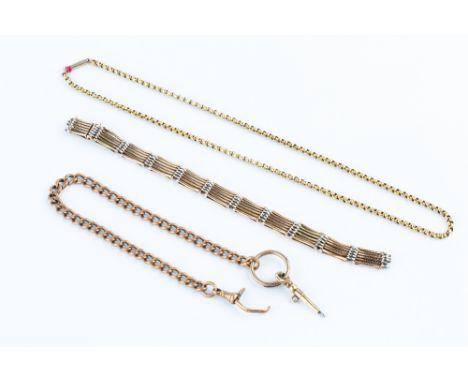 A TWO COLOUR PRECIOUS METAL GATE-LINK BRACELET, stamped '15c', (one link deficient), together with a short curb-link Albert c