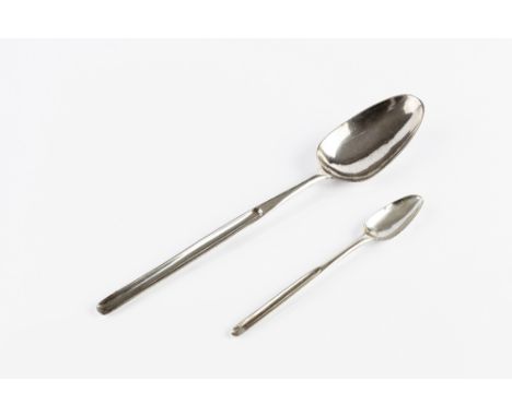 A GEORGE II SILVER MARROW SCOOP/SPOON, the bowl with shell back, by Edward Bennett I, London 1748, 23.5cm, 1.5oz; and a simil