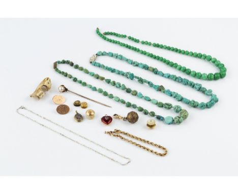 A COLLECTION OF JEWELLERY, comprising a red enamel and half pearl heart-shaped locket pendant, a ropetwist-link bracelet, a b