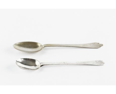 A LATE 17TH/EARLY 18TH CENTURY SILVER SMALL TREPID SPOON, maker's mark only R.H. struck twice, 10.5cm; and another similar sm