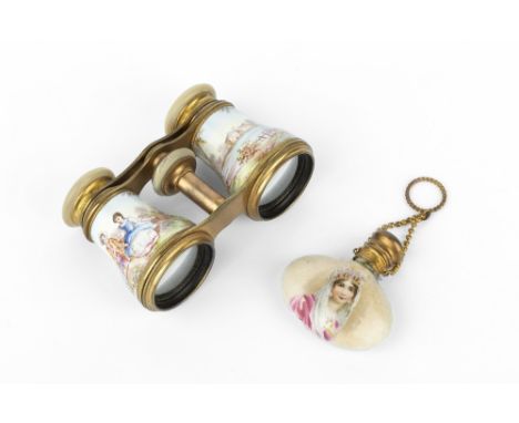 A PAIR OF LATE 19TH CENTURY ENAMEL, GILT METAL AND MOTHER OF PEARL OPERA GLASSES, painted with courting couples within garden