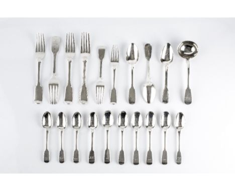 A MIXED PART SERVICE OF 19TH CENTURY SILVER FIDDLE PATTERN FLATWARE, comprising six table forks by William Eaton, London 1835