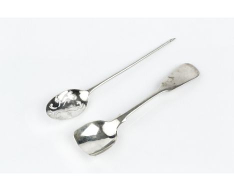 AN 18TH CENTURY SILVER MOTE SPOON, with pierced bowl, marks indistinct, 13.5cm long; and an early Victorian Scottish silver f