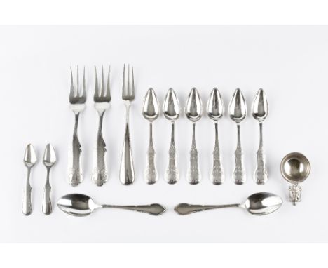 A SET OF SIX MID 19TH CENTURY DUTCH SILVER TEASPOONS, with engraved decoration, 1850, a similar pair of forks, 1861, another 