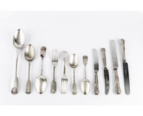 A PART SERVICE OF VICTORIAN SILVER FIDDLE AND SHELL PATTERN FLATWARE, comprising a gravy spoon, four tablespoons, six table f