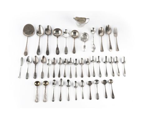 A COLLECTION OF MIXED SILVER FLATWARE, comprising a serving slice, two sauce ladles, two tablespoons, three dessert spoons, a