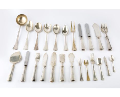 AN EXTENSIVE SERVICE OF GERMAN FLATWARE AND CUTLERY, with tapered handles, comprising a soup ladle, two gravy spoons, four se